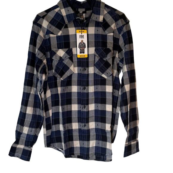 FRYE Jacquard Flannel Button-Down Shirt Deep Night Sky Plaid Men's Medium NWT - Picture 2 of 8
